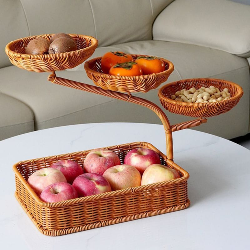 Ứng dụng nghệ thuật bài trí khay mây tre giúp không gian thêm phần sinh động, ấm cúng.
